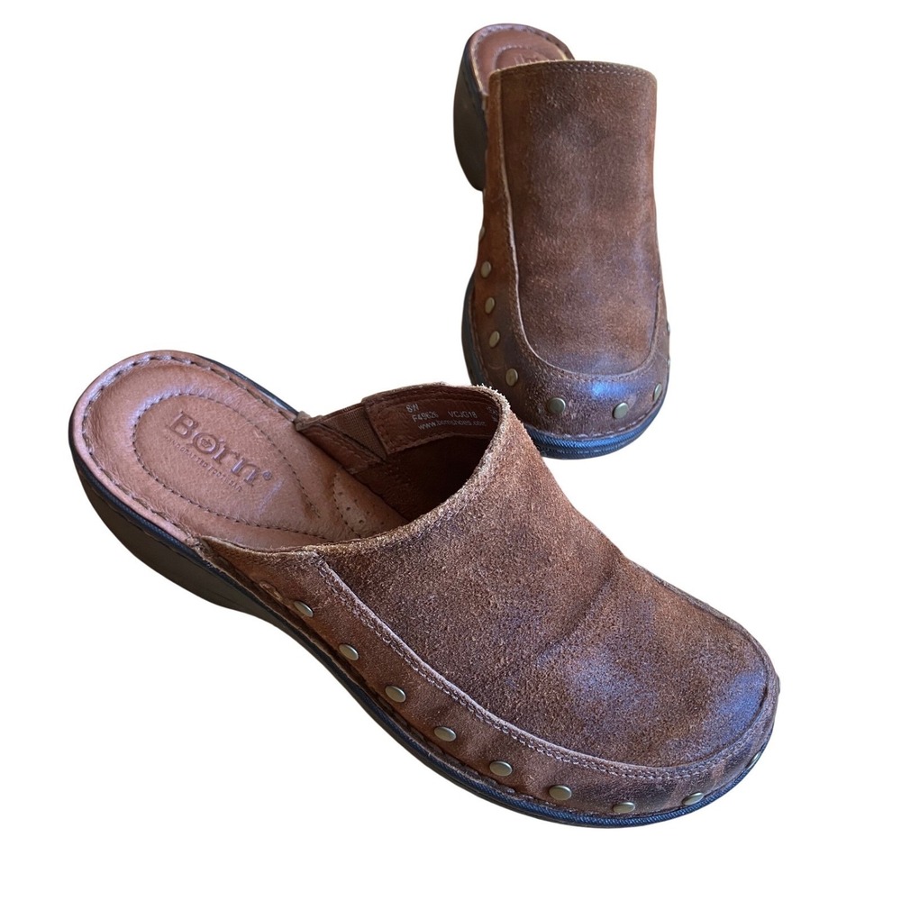 Vtg Brown Suede Studded Leather Clogs Mules Wedge Shoes Womens 8W Granola‎ Girl - Picture 9 of 9